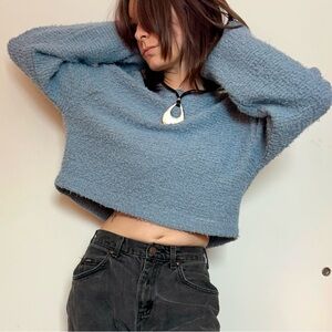 Zara Blue Cropped Fuzzy Sweater w/ Bell Sleeves